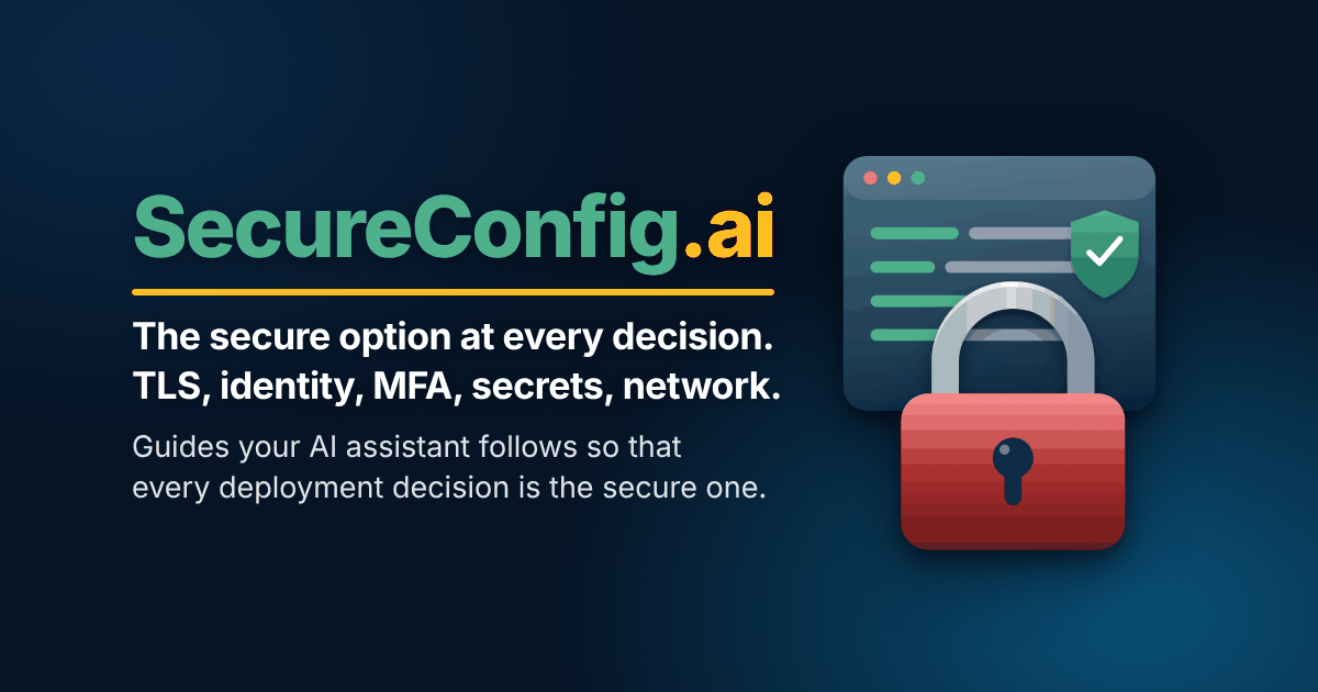 SecureConfig.ai. The secure option at every decision. TLS, identity, MFA, secrets, network. Guides your AI assistant follows so that every deployment decision is the secure one. Opens in a new tab.